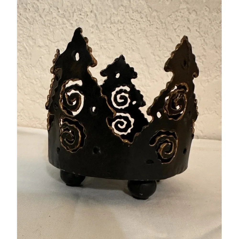 Pier 1 Imports Forged Metal Pine Tree Footed Rustic Candle‎ Holder Gold Accents